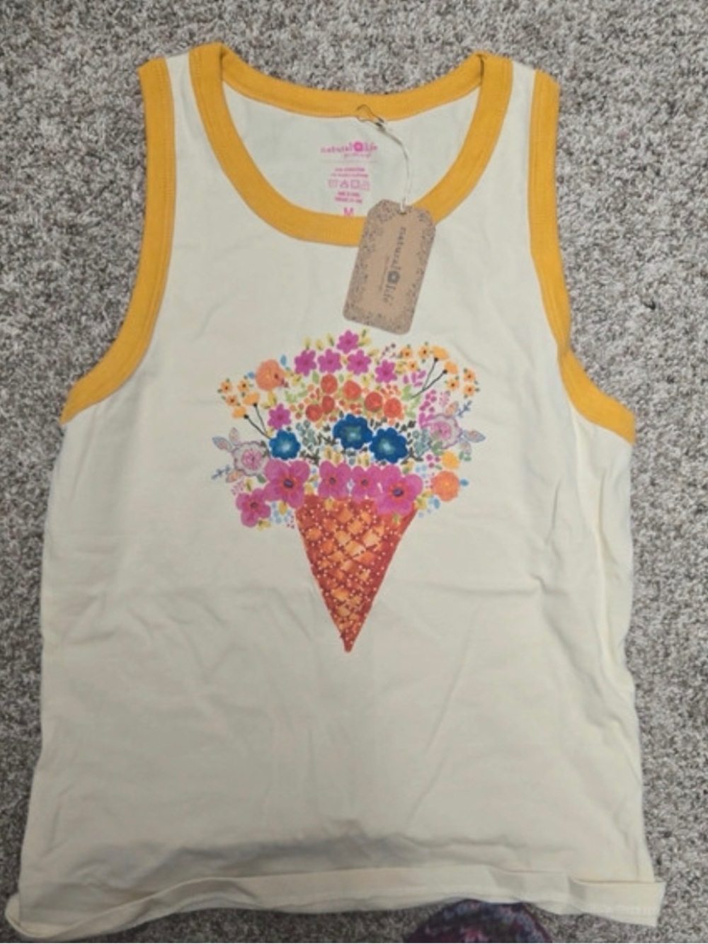 NATURAL LIFE Cream Tank Top with Yellow Trim & Floral Ice Cream Cone